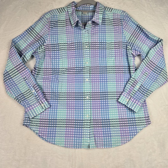 L.L. Bean Tops - LL Bean Plaid Shirt‎ Women's Large Green Blue Gingham Button Up Shirt